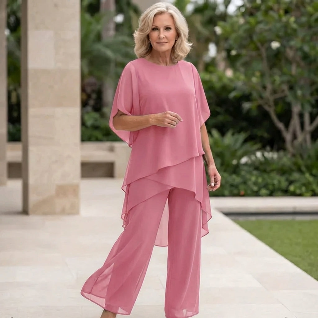 Dames Palazzo Broekpak met Gelaagde Top en Ronde Hals Roze