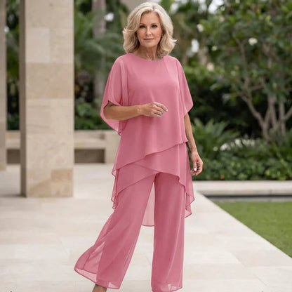 Dames Palazzo Broekpak met Gelaagde Top en Ronde Hals Roze