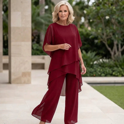Dames Palazzo Broekpak met Gelaagde Top en Ronde Hals Rood