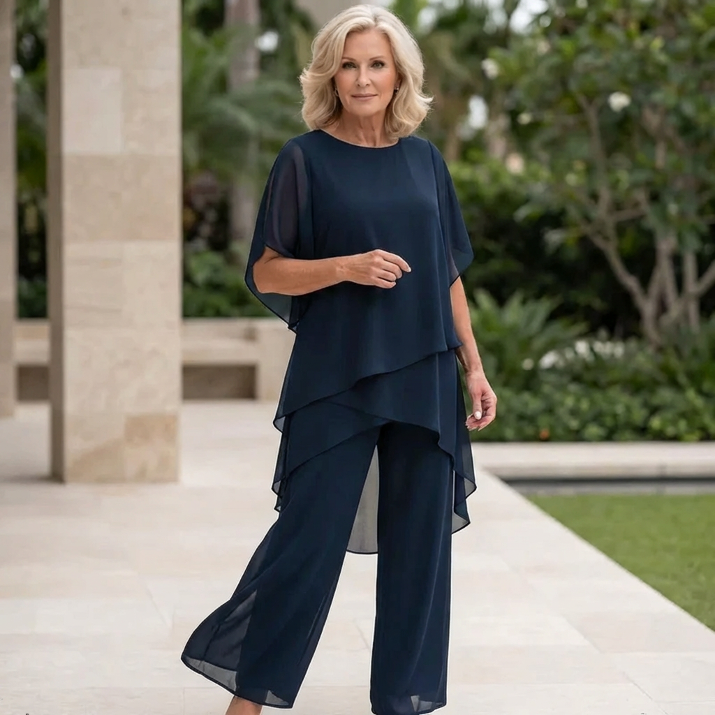 Dames Palazzo Broekpak met Gelaagde Top en Ronde Hals Blauw