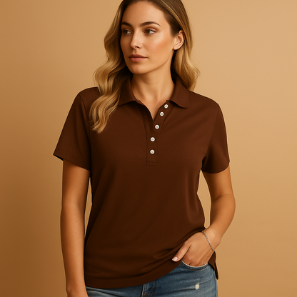 Dames Polo met Korte Mouwen en Knoopsluiting Bruin