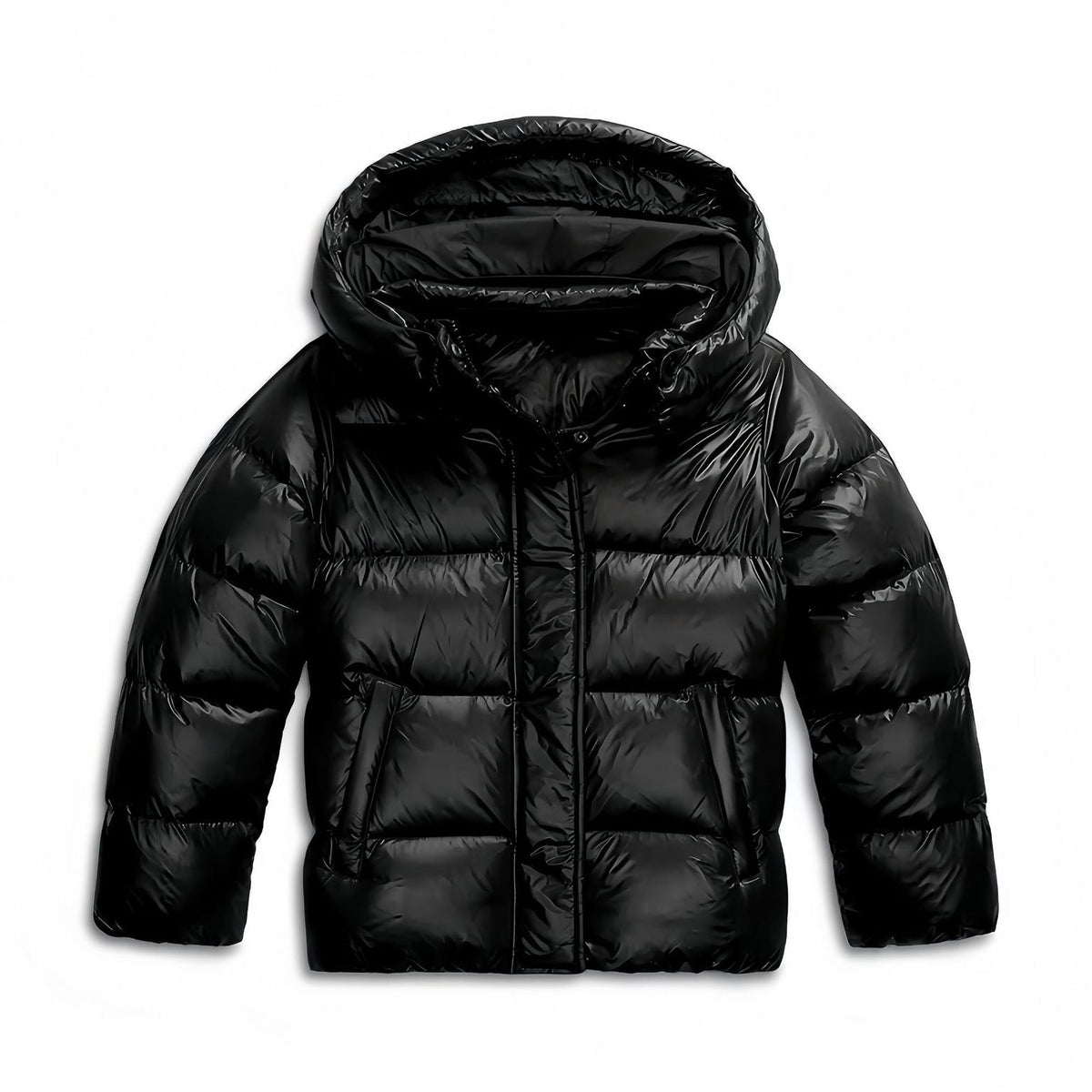 Dames Puffer Jacket met Capuchon, Ritssluiting en Zijzakken Zwart