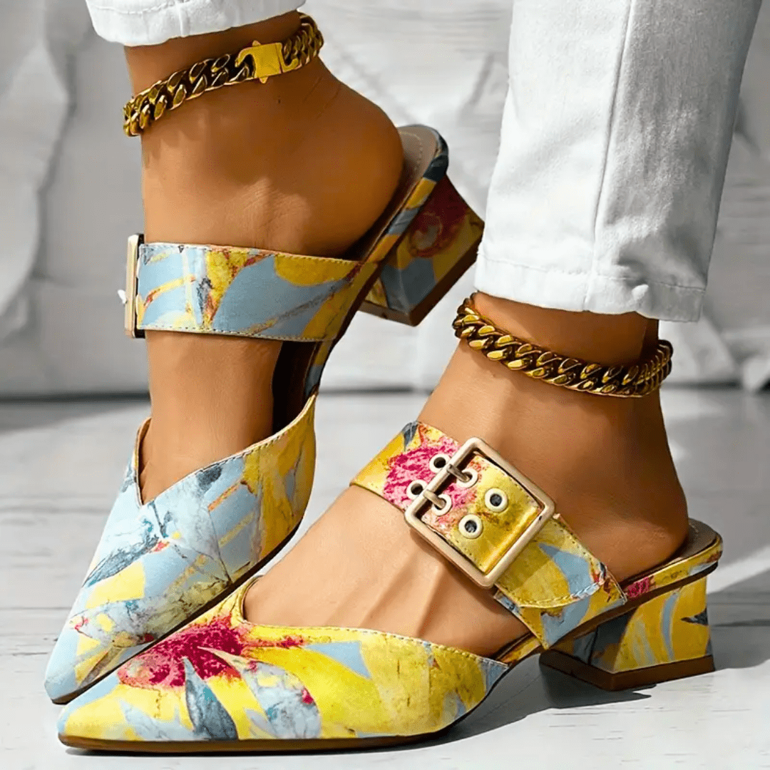 Dames Pumps met Bloemenprint en Enkelband met Gesp Geel