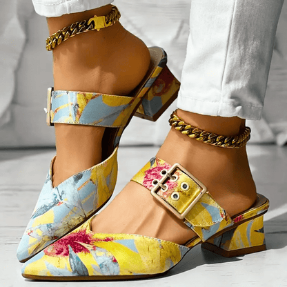 Dames Pumps met Bloemenprint en Enkelband met Gesp Geel