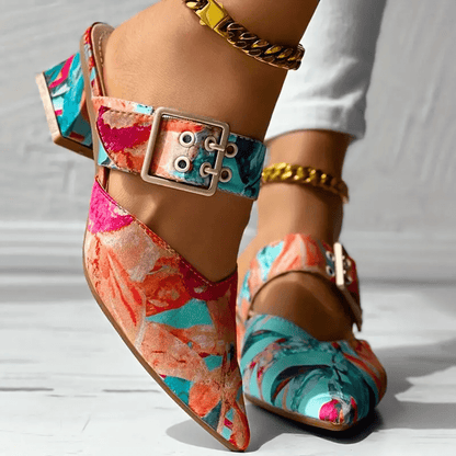 Dames Pumps met Bloemenprint en Enkelband met Gesp Oranje