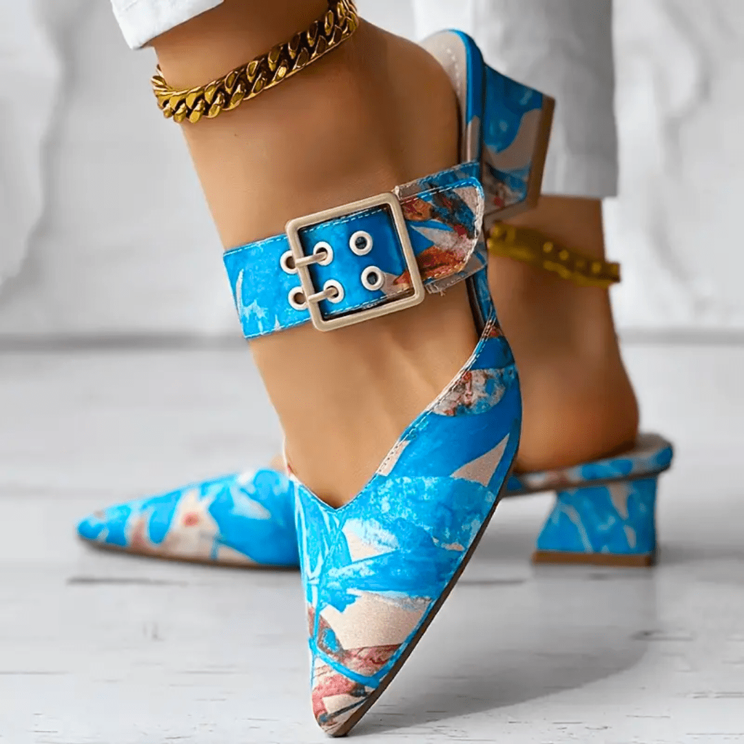 Dames Pumps met Bloemenprint en Enkelband met Gesp Blauw
