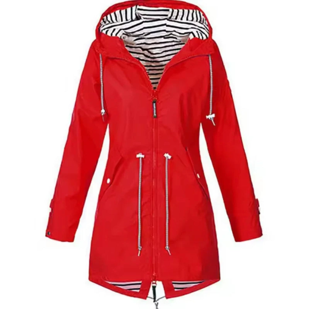 Dames Regenjas met Capuchon en Ritssluiting Taillband Rood