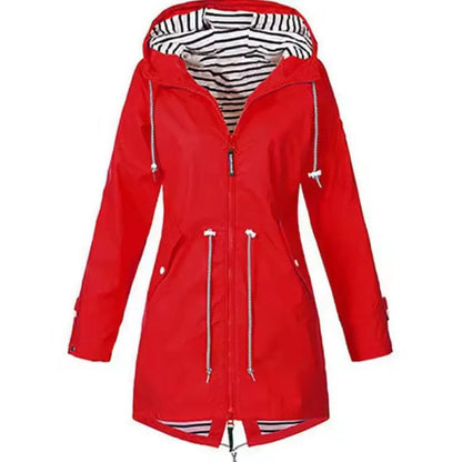 Dames Regenjas met Capuchon en Ritssluiting Taillband Rood