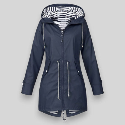Dames Regenjas met Capuchon en Taillering Lange Mouw Donkerblauw