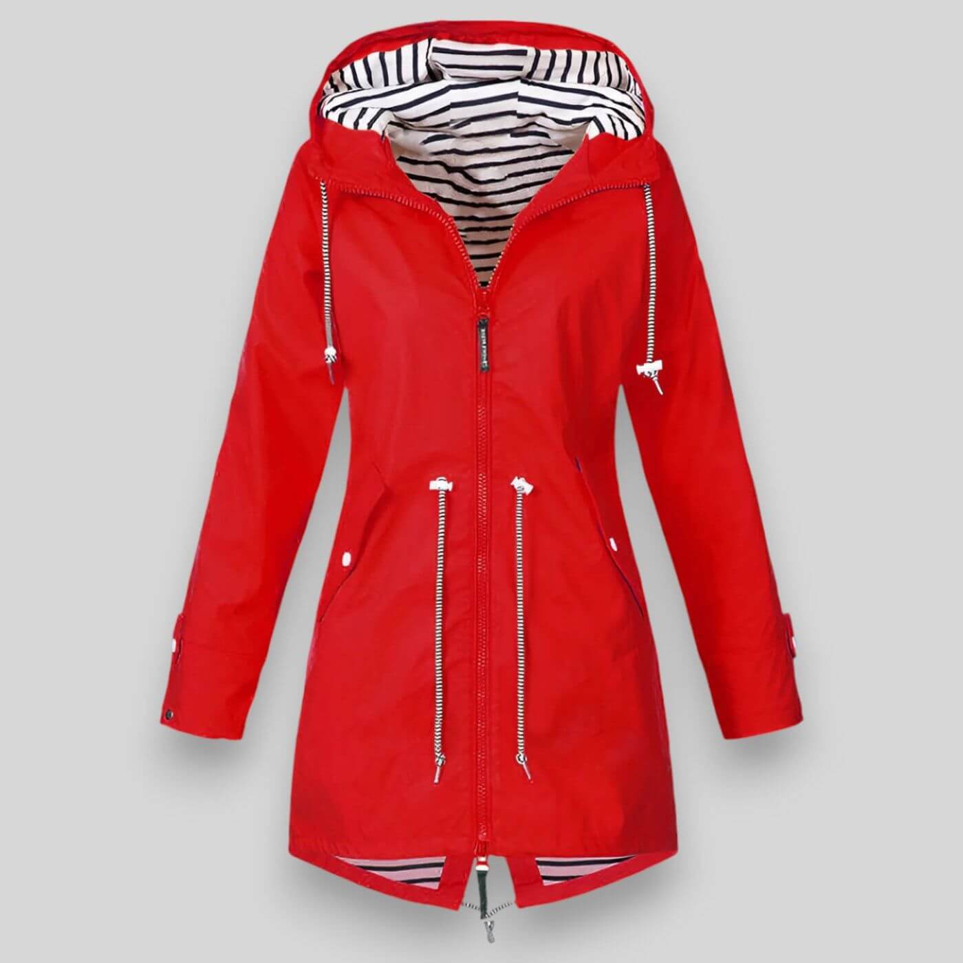 Dames Regenjas met Capuchon en Taillering Lange Mouw Rood