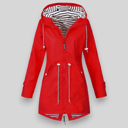 Dames Regenjas met Capuchon en Taillering Lange Mouw Rood