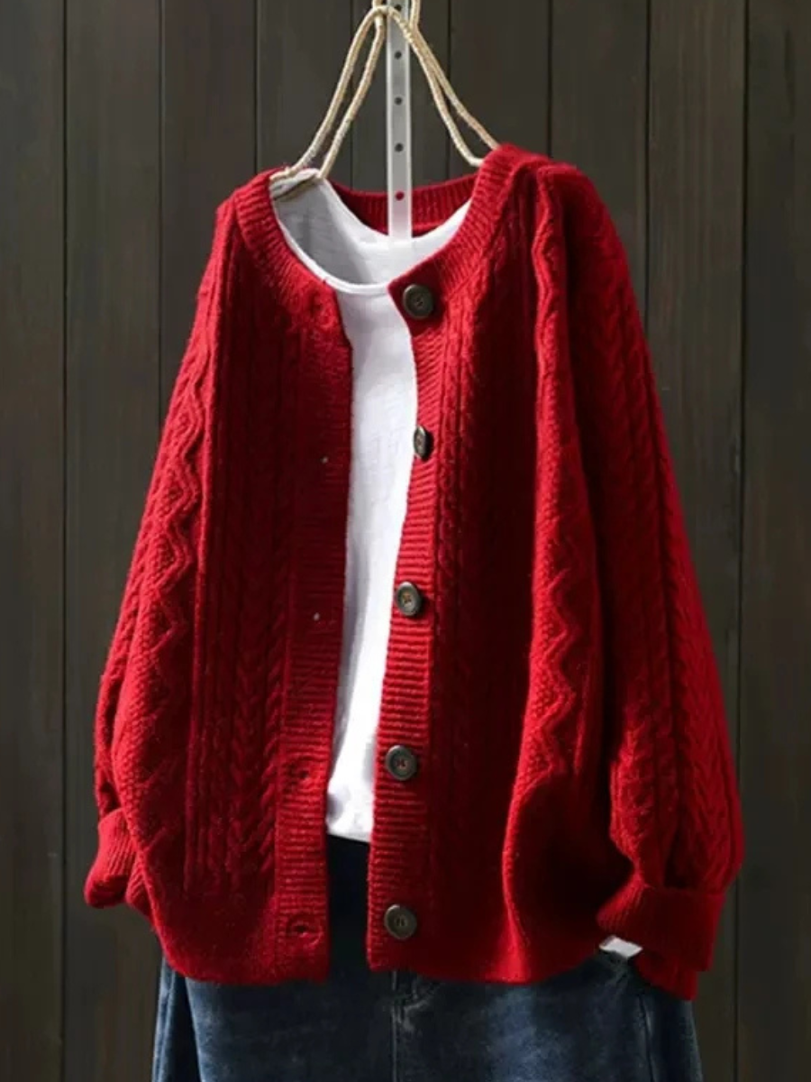 Dames Relaxed Fit Gebreide Cardigan met Ronde Hals Rood