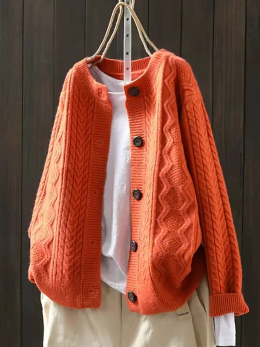 Dames Relaxed Fit Gebreide Cardigan met Ronde Hals Oranje