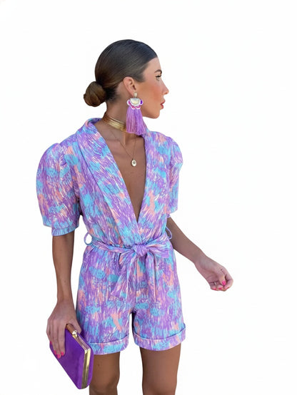Dames Romper met Pofmouwen en Strikceintuur met Print
