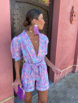 Dames Romper met Pofmouwen en Strikceintuur met Print