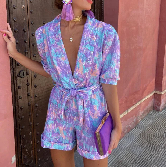 Dames Romper met Pofmouwen en Strikceintuur met Print