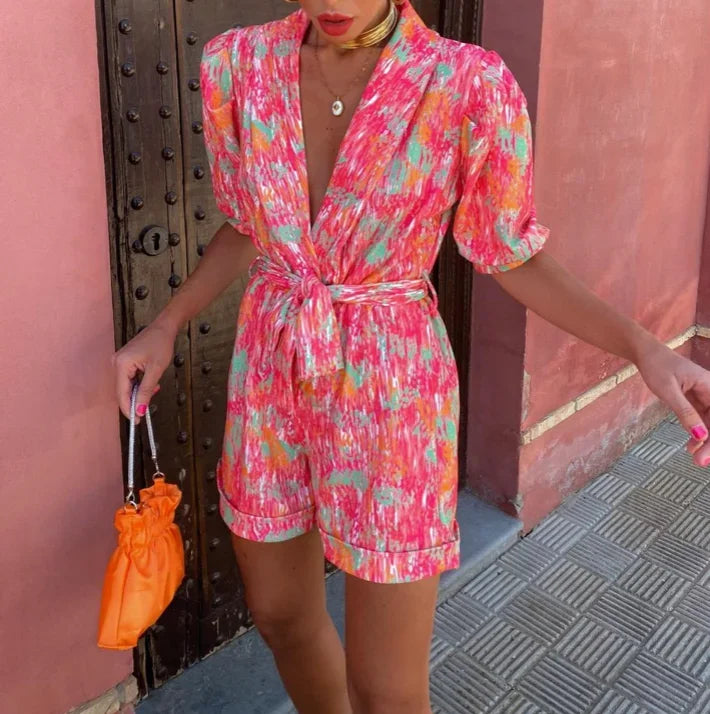 Dames Romper met Pofmouwen en Strikceintuur met Print