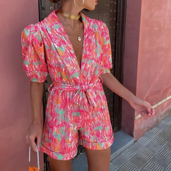 Dames Romper met Pofmouwen en Strikceintuur met Print