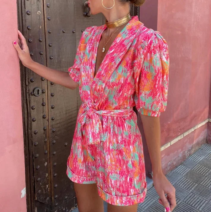 Dames Romper met Pofmouwen en Strikceintuur met Print