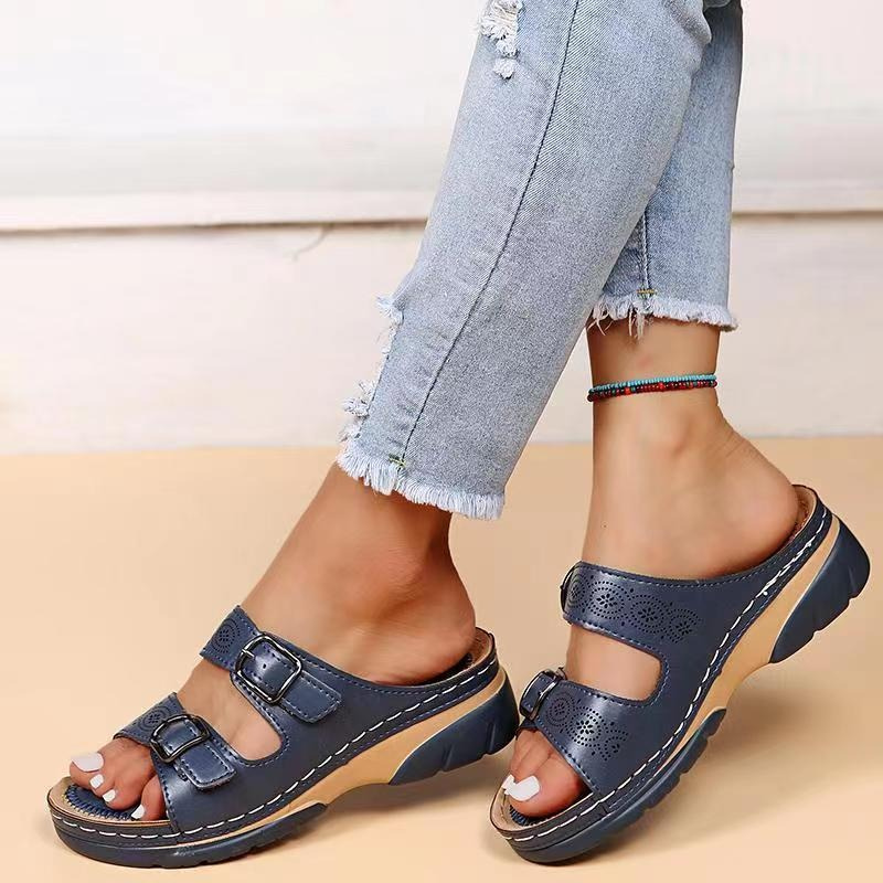 Dames Sandalen met Dubbele Gesp en Plateauzool Donkerblauw