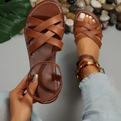 Dames Sandalen met Gekruiste Bandjes en Elastische Enkelband Bruin
