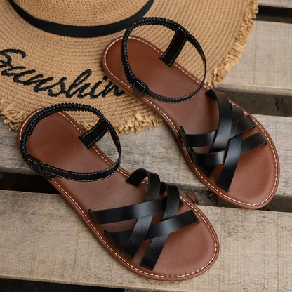 Dames Sandalen met Gekruiste Bandjes en Elastische Enkelband Zwart