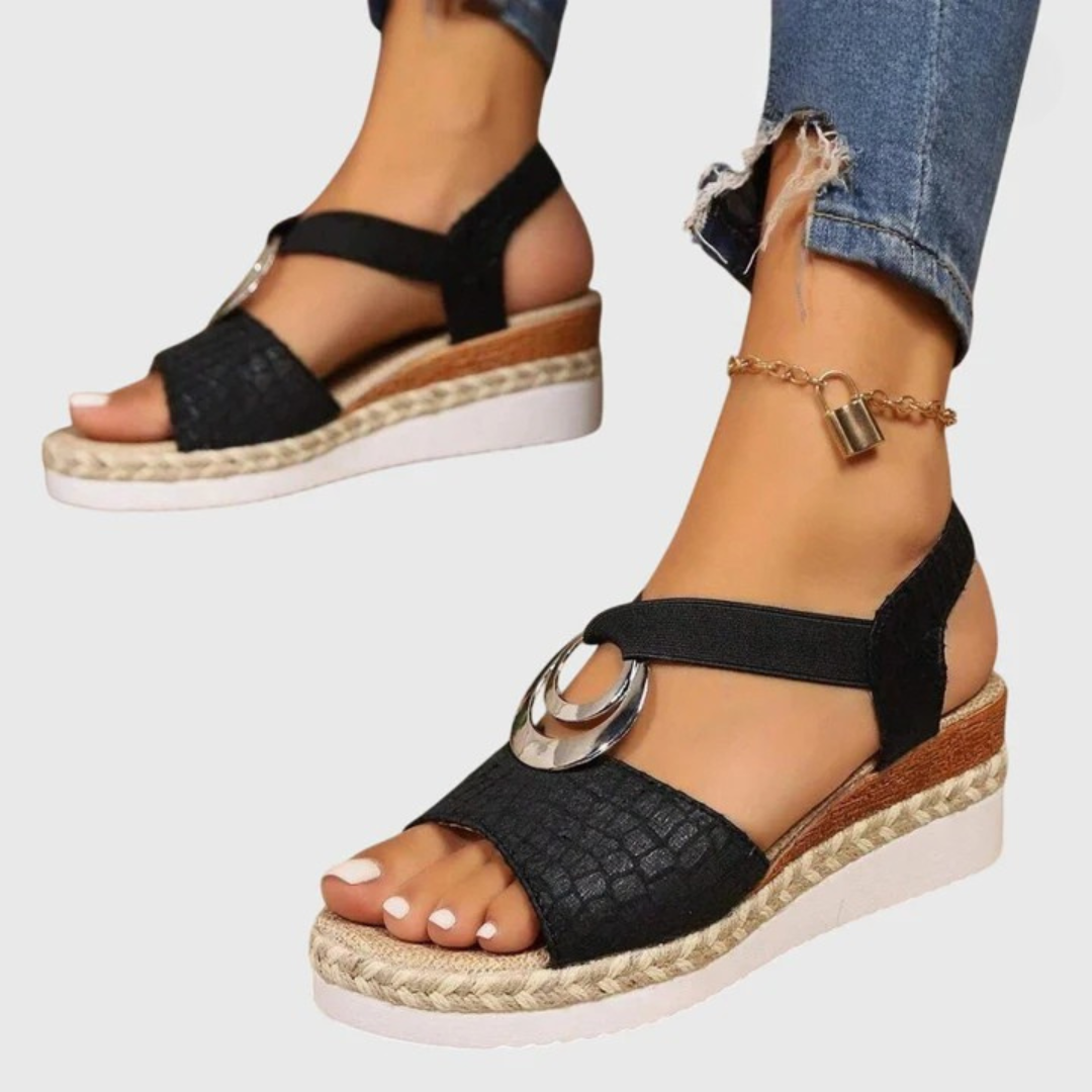 Dames Sandalen met Sleehak en Elastische Bandjes Zwart
