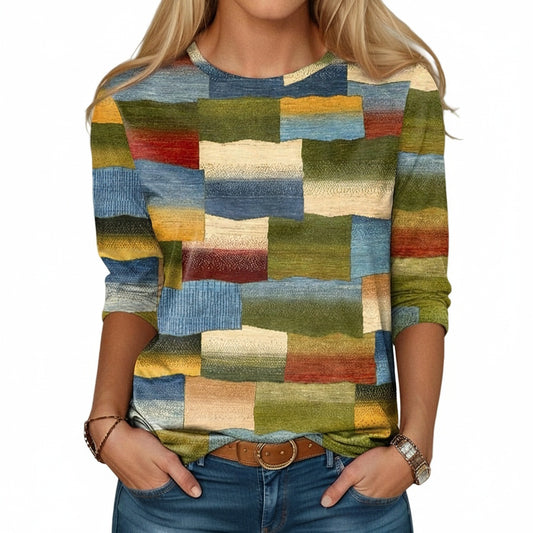 Dames Shirt Lange Mouw met Ronde Hals en Kleurblok Print Groen Blauw Rood