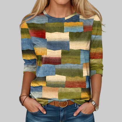 Dames Shirt Lange Mouw met Ronde Hals en Kleurblok Print