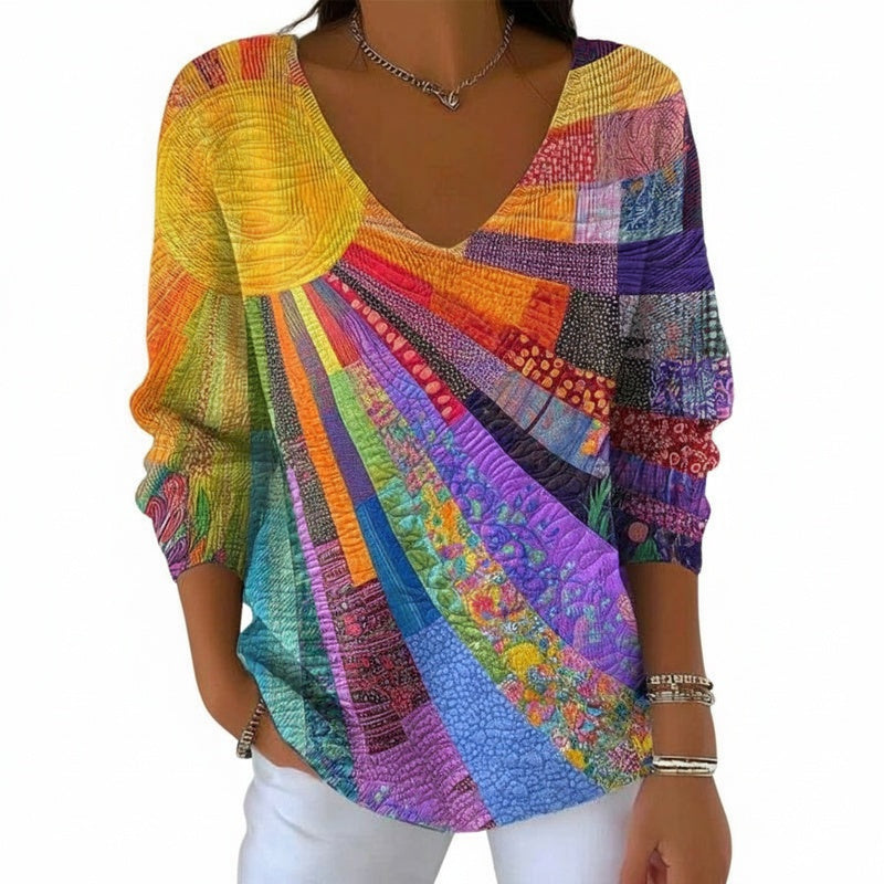 Dames Shirt Lange Mouw met V-hals en Zonnestralend Patchwork Print Geel Blauw