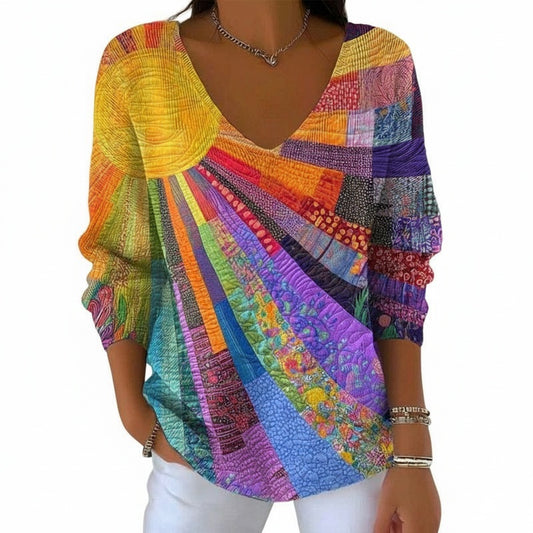 Dames Shirt Lange Mouw met V-hals en Zonnestralend Patchwork Print Geel Blauw