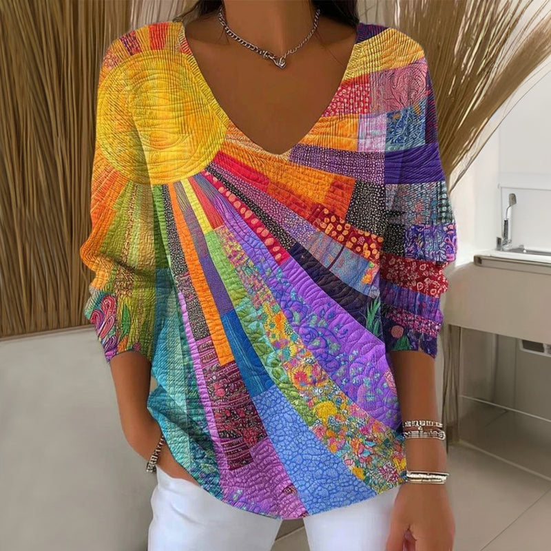 Dames Shirt Lange Mouw met V-hals en Zonnestralend Patchwork Print