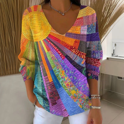Dames Shirt Lange Mouw met V-hals en Zonnestralend Patchwork Print