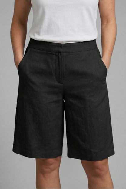 Dames Shorts met Hoge Taille, Zijzakken en Rechte Pijpen tot Kniehoogte Zwart