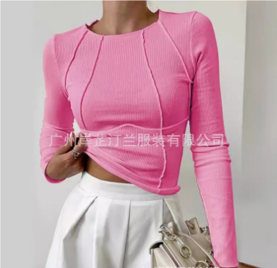 Dames Slim Fit Top met Ronde Hals en Lange Mouwen Roze
