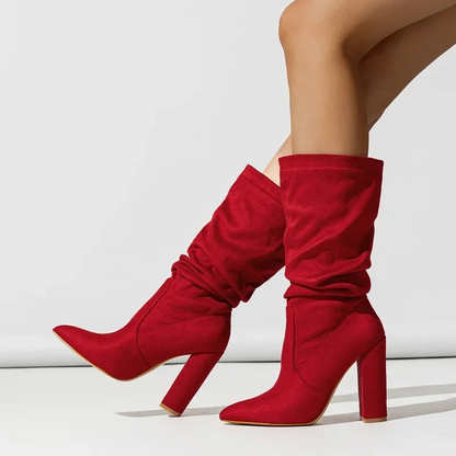 Dames Slouchy Laarzen met Blokhak en Spitse Neus Rood
