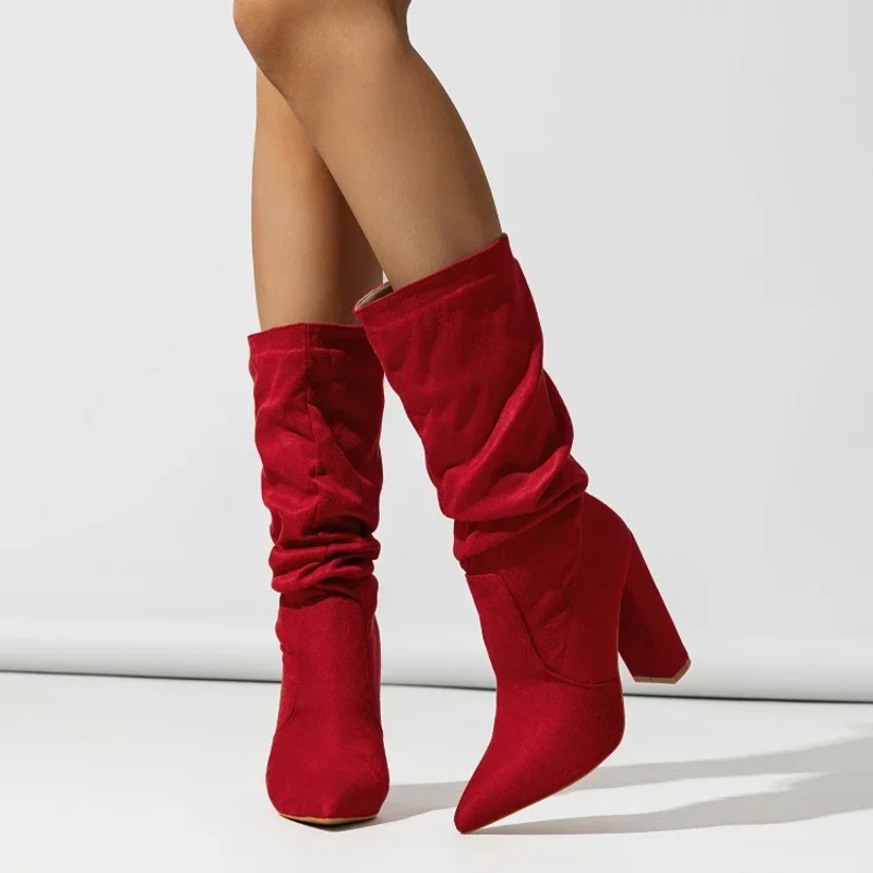 Dames Slouchy Laarzen met Blokhak en Spitse Neus
