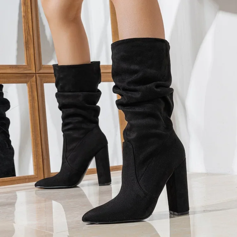 Dames Slouchy Laarzen met Blokhak en Spitse Neus