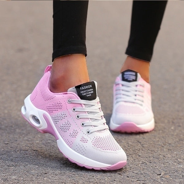 Dames Sneakers met Luchtkussen Zool en Vetersluiting Roze Grijs