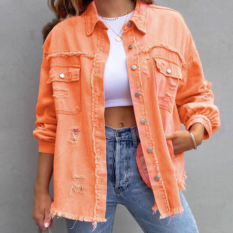 Dames Spijkerjack Oversized met Destroyed Details en Rafelige Zoom Oranje