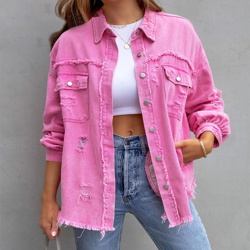 Dames Spijkerjack Oversized met Destroyed Details en Rafelige Zoom Roze