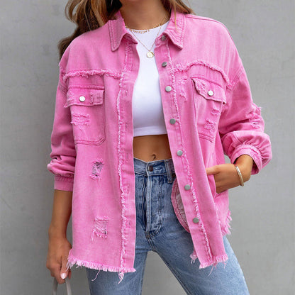Dames Spijkerjack Oversized met Destroyed Details en Rafelige Zoom Roze