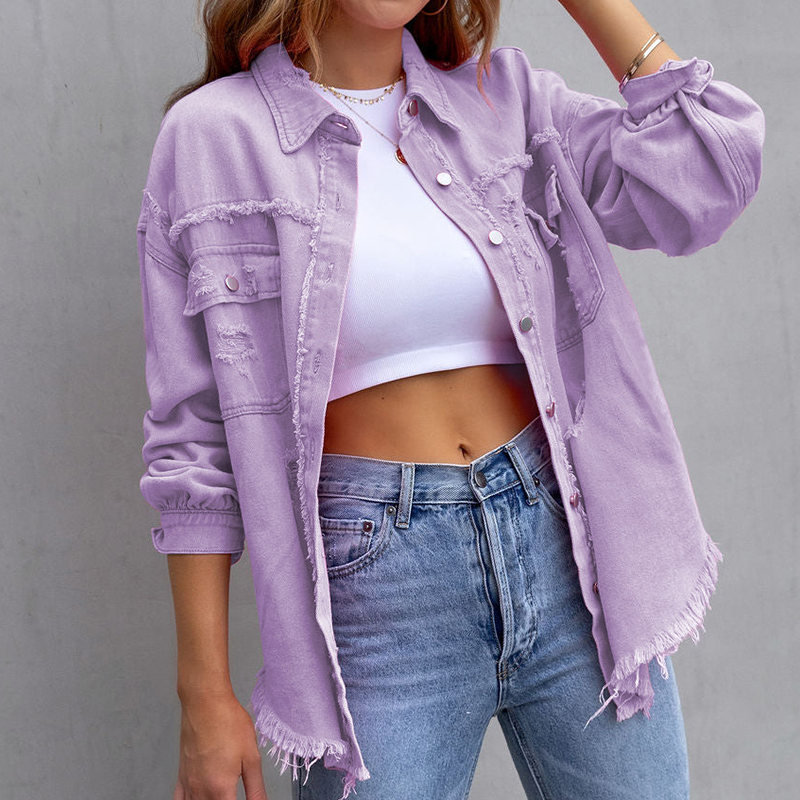 Dames Spijkerjack Oversized met Destroyed Details en Rafelige Zoom Paars