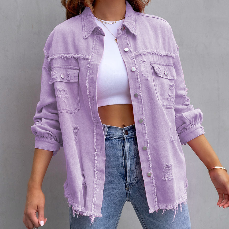 Dames Spijkerjack Oversized met Destroyed Details en Rafelige Zoom