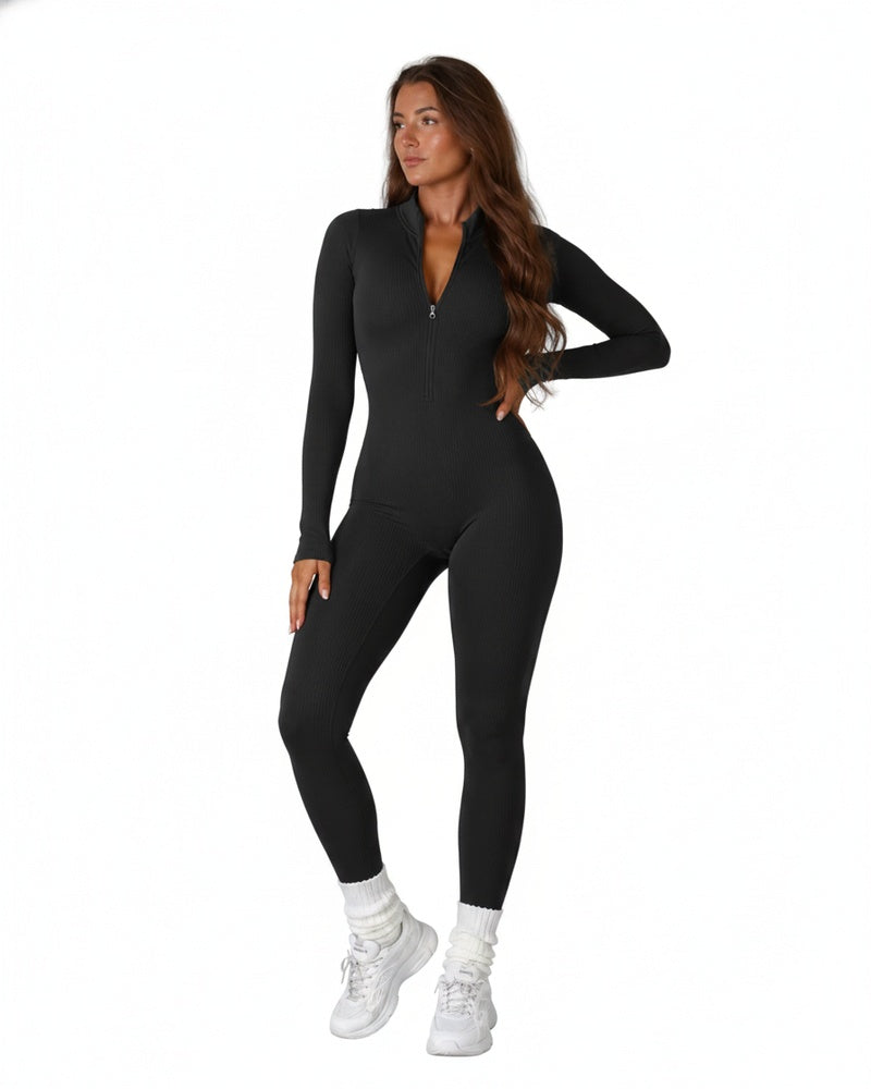 Dames Sport Jumpsuit met Ribstructuur en Rits