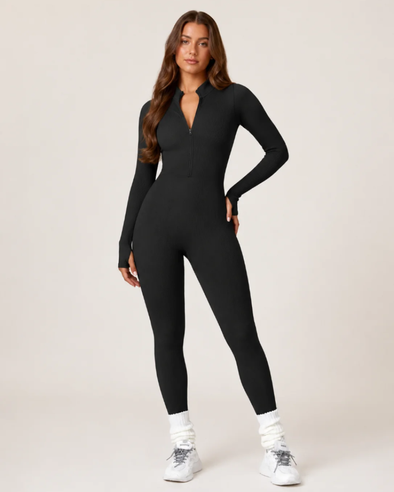 Dames Sport Jumpsuit met Ribstructuur en Rits