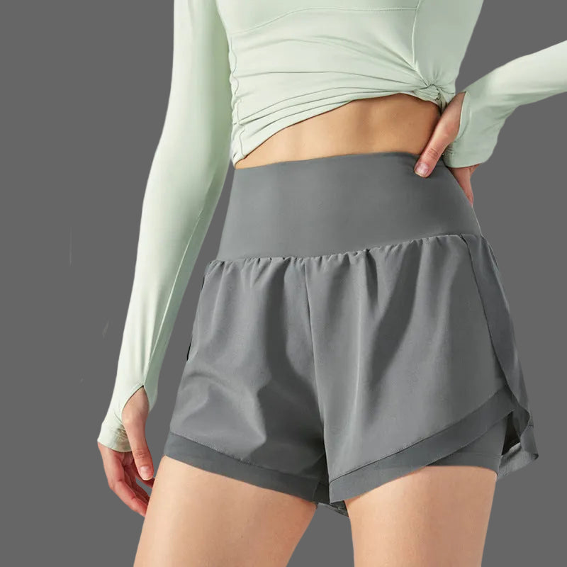 Dames Sportshorts 2-in-1 met Hoge Taille en Ingebouwde Binnenlaag