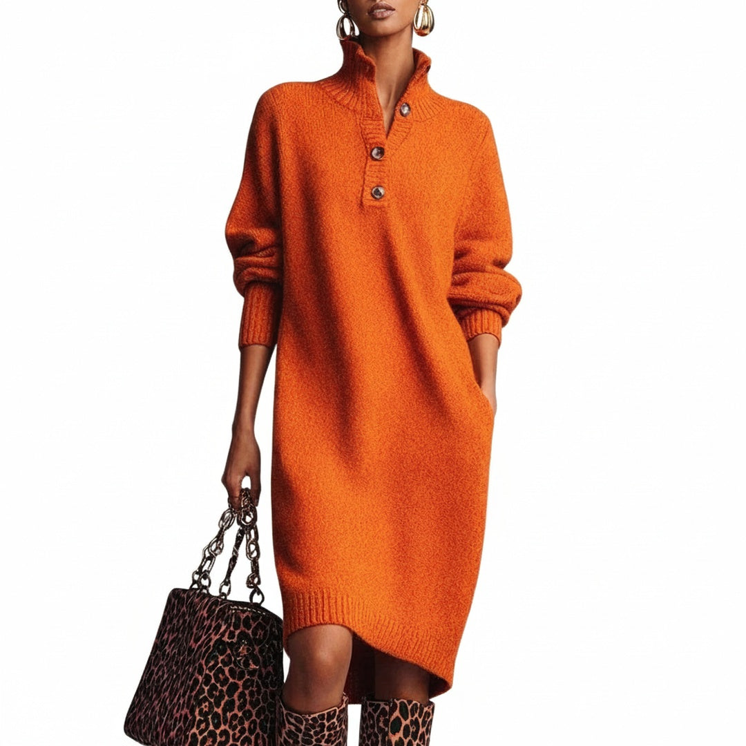 Dames Sweater Jurk Midi met Staande Kraag, Knoopsluiting en Lange Mouwen
