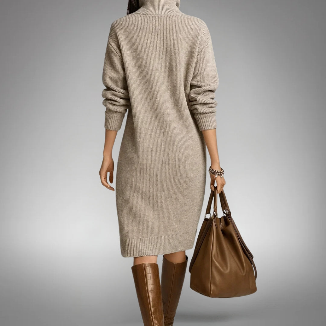 Dames Sweater Jurk Midi met Staande Kraag, Knoopsluiting en Lange Mouwen