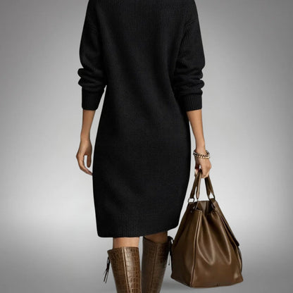 Dames Sweater Jurk Midi met Staande Kraag, Knoopsluiting en Lange Mouwen